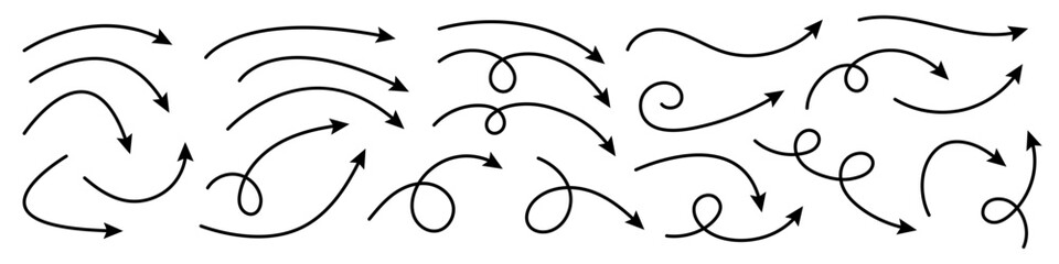 Collection of curved arrows. Set simple curved hand drawn arrows. Collection of pointers.