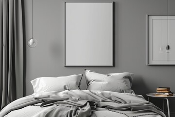 /imagine: A minimalist bedroom with an empty wall frame mockup in a cool grey finish, harmonizing with the monochromatic decor and simple, clean lines.