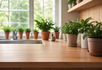 A wooden kitchen counter with potted plants and greenery in the background, with a blurred outdoor scene visible through a window