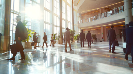  A group of businesspeople walk through a bright, modern office atrium. The sun shines through large windows, creating a dynamic and professional atmosphere
