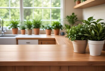 A wooden kitchen counter with potted plants and greenery in the background, with a blurred outdoor scene visible through a window