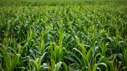 Fototapeta premium Field of unripe green corn in the summer