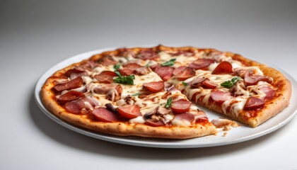 A slice of pizza with pepperoni and cheese on a white plate