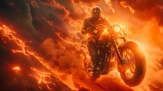 Action shot with man riding away from explosion on bike. Dynamic scene with fire in action movie blockbuster style
