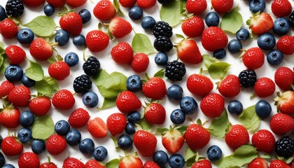 A close up of a bunch of berries including blueberries, strawberries
