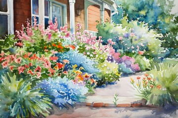 flowers in the garden watercolor illustration, landscaping design