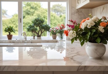 A marble kitchen counter with a vase of fresh flowers and a bonsai tree in the background, with a blurred beach scene visible through a window