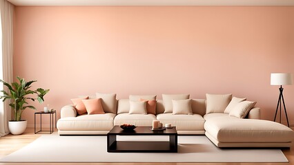 Peach fuzz interior room color for 2024 with pastel wall accent paint in apricot salmon orange...