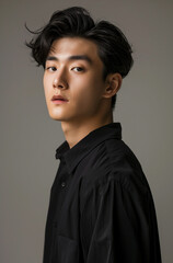 "Photo of Korean Male in His 20s Hair Styled Like Shilin Chen Black Shirt Profile Looking at Camera Solid Background