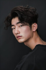 "Photo of Korean Male in His 20s Hair Styled Like Shilin Chen Black Shirt Profile Looking at Camera Solid Background