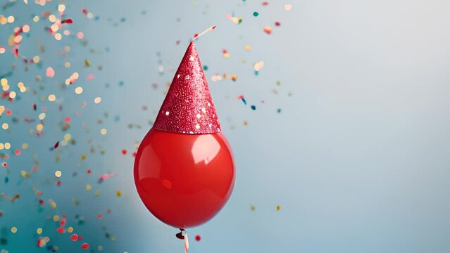 Red birthday balloon wearing cone carnival hat for celebration with confetti on the blue background