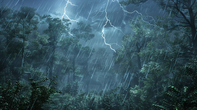 A dense forest during a thunderstorm, detailed trees swaying in the wind, lightning illuminating the canopy, rain pouring down, capturing the eerie and powerful atmosphere of the storm in a natural