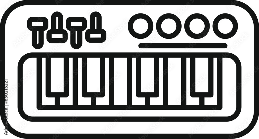 Poster minimalistic line drawing of a synthesizer keyboard with control knobs and sliders