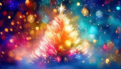 Fototapeta premium Colorful fireworks in christmas tree shape with bokeh background