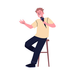 A vector illustration comedian with a microphone in his hands delivers a humorous monologue