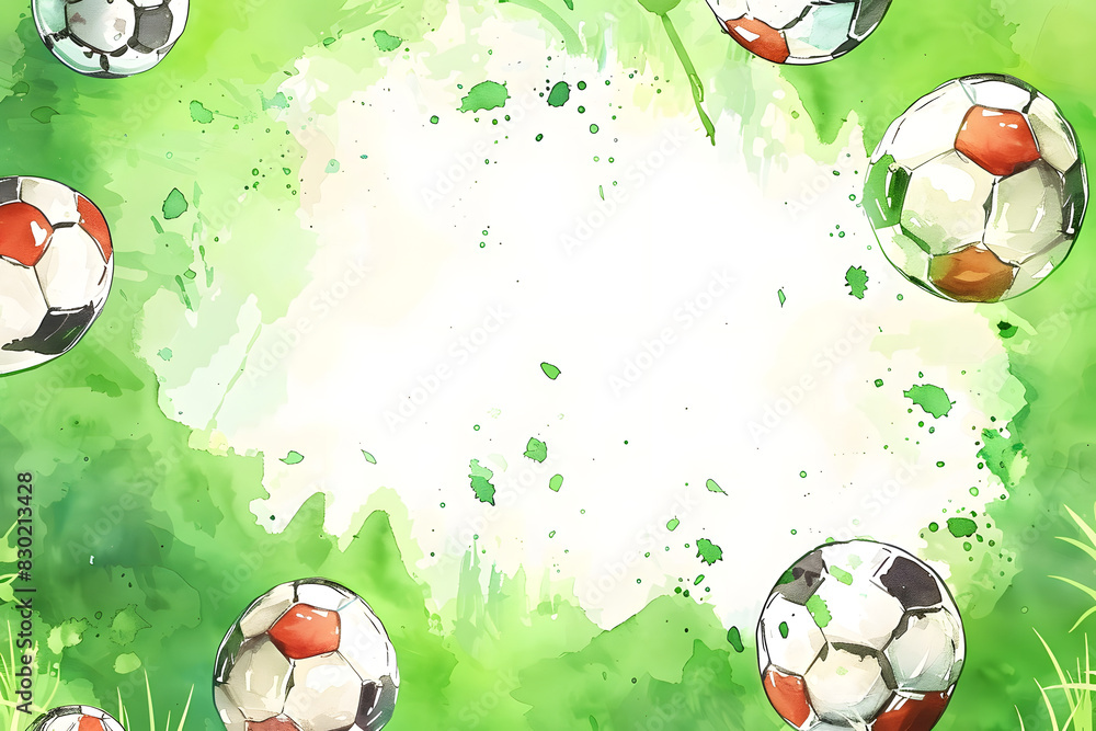 Wall mural cute cartoon football frame border on background in watercolor style.