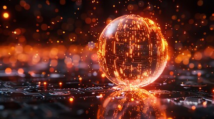Digital finance orb, closeup, with glowing currency symbols, dynamic, blockchain tech showcase