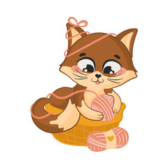 Cute cat character sittting in basket for knitting