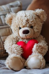 Cute Teddy Bear with Red Heart Snuggled on Sofa