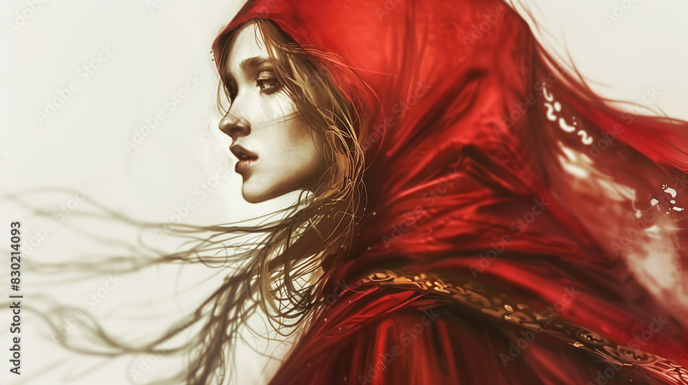 Wall mural beautiful girl in a red cape with flying hair on a white background