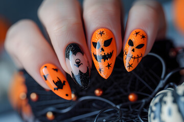 Halloween nail art paint manicure for Halloween day.