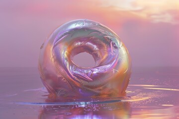 Iridescent donut on a reflective surface with a pastel sky backdrop.
