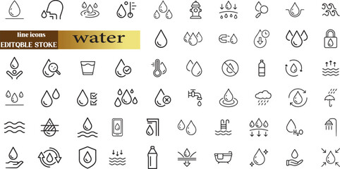 water linear icon collection real estate. Drop Water, Mineral Water, Low and High Tide, Shower, 