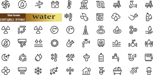 water linear icon collection real estate. Drop Water, Mineral Water, Low and High Tide, Shower, 