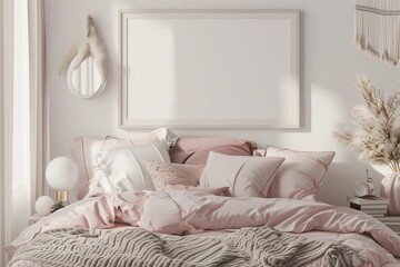 /imagine: A serene bedroom with an empty wall frame mockup in a soft pastel pink, perfectly matching the calming decor and plush bedding.