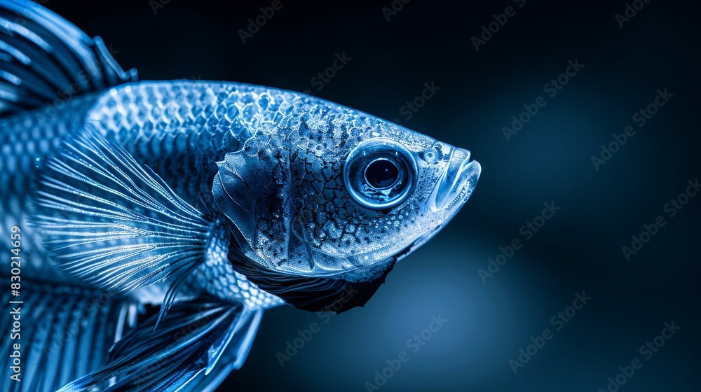 Wall mural  A close-up of a blue fish against a black background