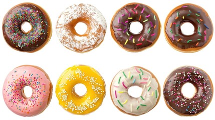 Assorted colorful donuts isolated on white background, sweet treats.