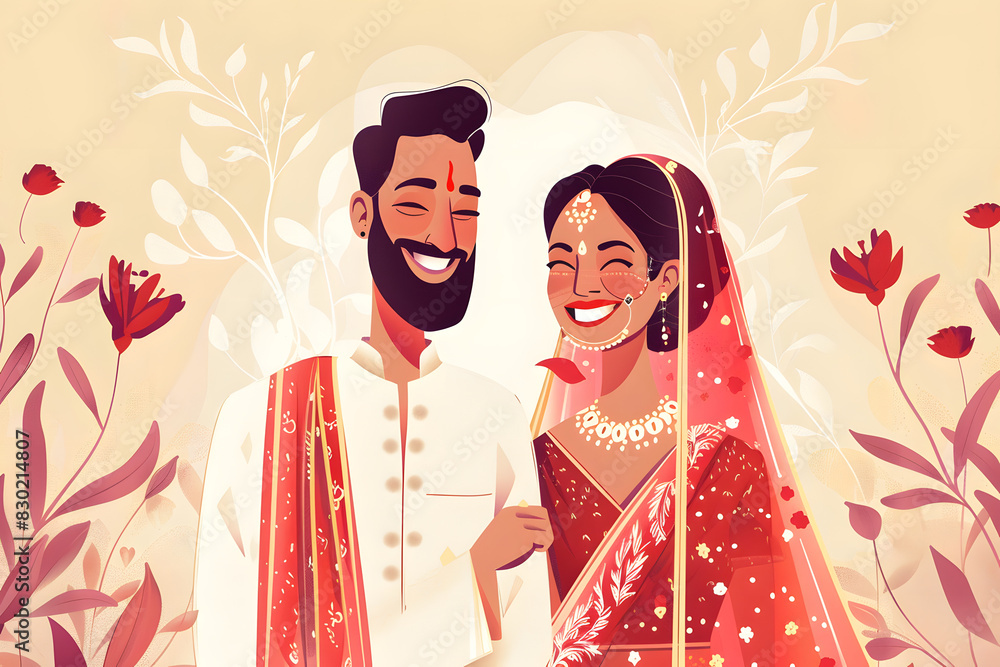 Wall mural Cute cartoon Indian groom and bride in ceremony on Hindu wedding.