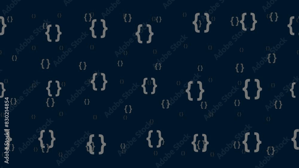 Poster curly brackets symbols float horizontally from left to right. parallax fly effect. floating symbols 