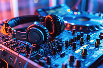 Professional DJ equipment with headphones on a mixer table.
