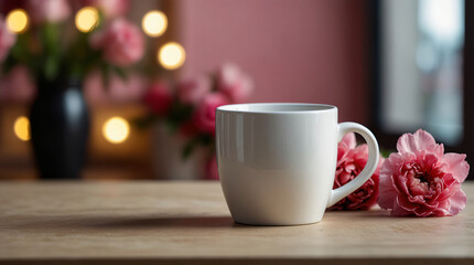 Fototapeta premium Blank mug with pink flowers. Romantic style. Generative AI.