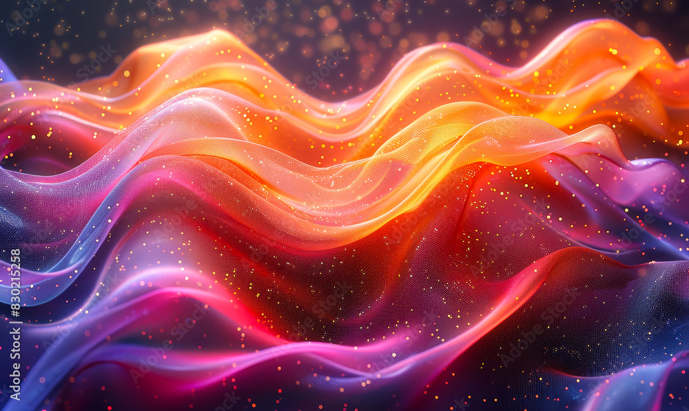Poster vibrant abstract mesh gradient waves with warm and cool colors and glittering particles in a dynamic