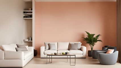 Peach fuzz interior room color for 2024 with pastel wall accent paint in apricot salmon orange shades, featuring ivory creamy luxury furniture, sofa, and tan pillows, 3D render
