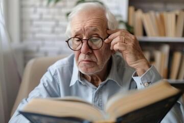 Older man with glasses with vision problems struggling to read the fine print in a book