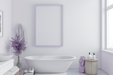 Fototapeta premium /imagine: A tranquil bathroom with an empty wall frame mockup in a soft lavender color, adding a touch of serenity to the clean, white space.