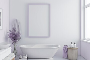 Fototapeta premium /imagine: A tranquil bathroom with an empty wall frame mockup in a soft lavender color, adding a touch of serenity to the clean, white space.