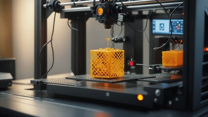 A 3D printer creating an intricate orange model in a modern lab, showcasing advanced manufacturing technology and precision engineering.