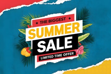 Modern tropical summer sale design with bold text and tropical elements, limited time offer