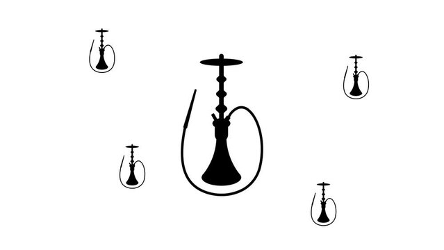 Zoom in and out animation the hookah symbol. Large black symbol in the center and four small symbols around. Seamless looped 4k animation on white background