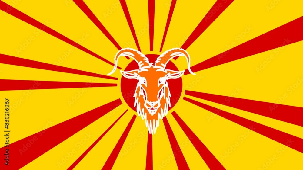Poster goat symbol on the background of animation from moving rays of the sun. large orange symbol increase