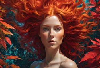 Fantasy image of a red-haired girl in fall foliage