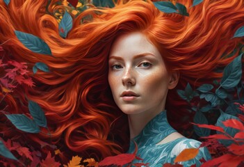 Fantasy image of a red-haired girl in fall foliage