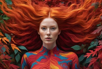 Fantasy image of a red-haired girl in fall foliage