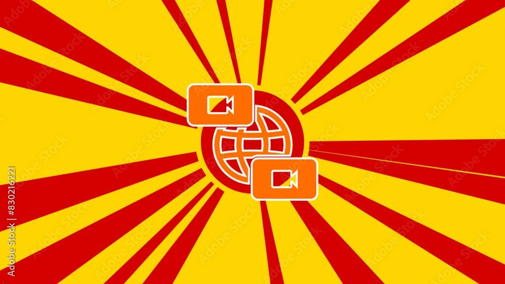 Poster videoconference symbol on the background of animation from moving rays of the sun. large orange symb