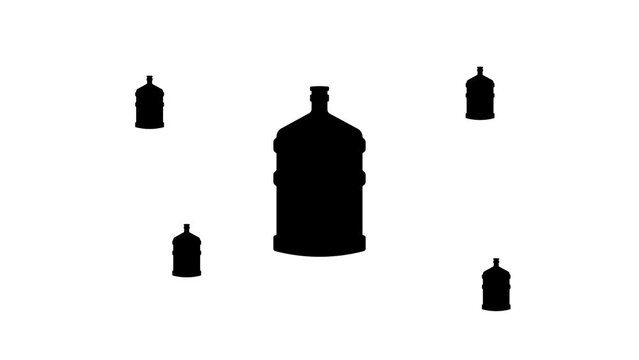 Zoom in and out animation the a large bottle of water symbol. Large black symbol in the center and four small symbols around. Seamless looped 4k animation on white background