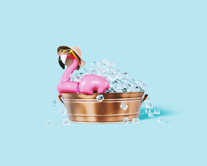 Pink flamingo inflatable is cooling off in a bucket full of ice on blue background. Summer heat...